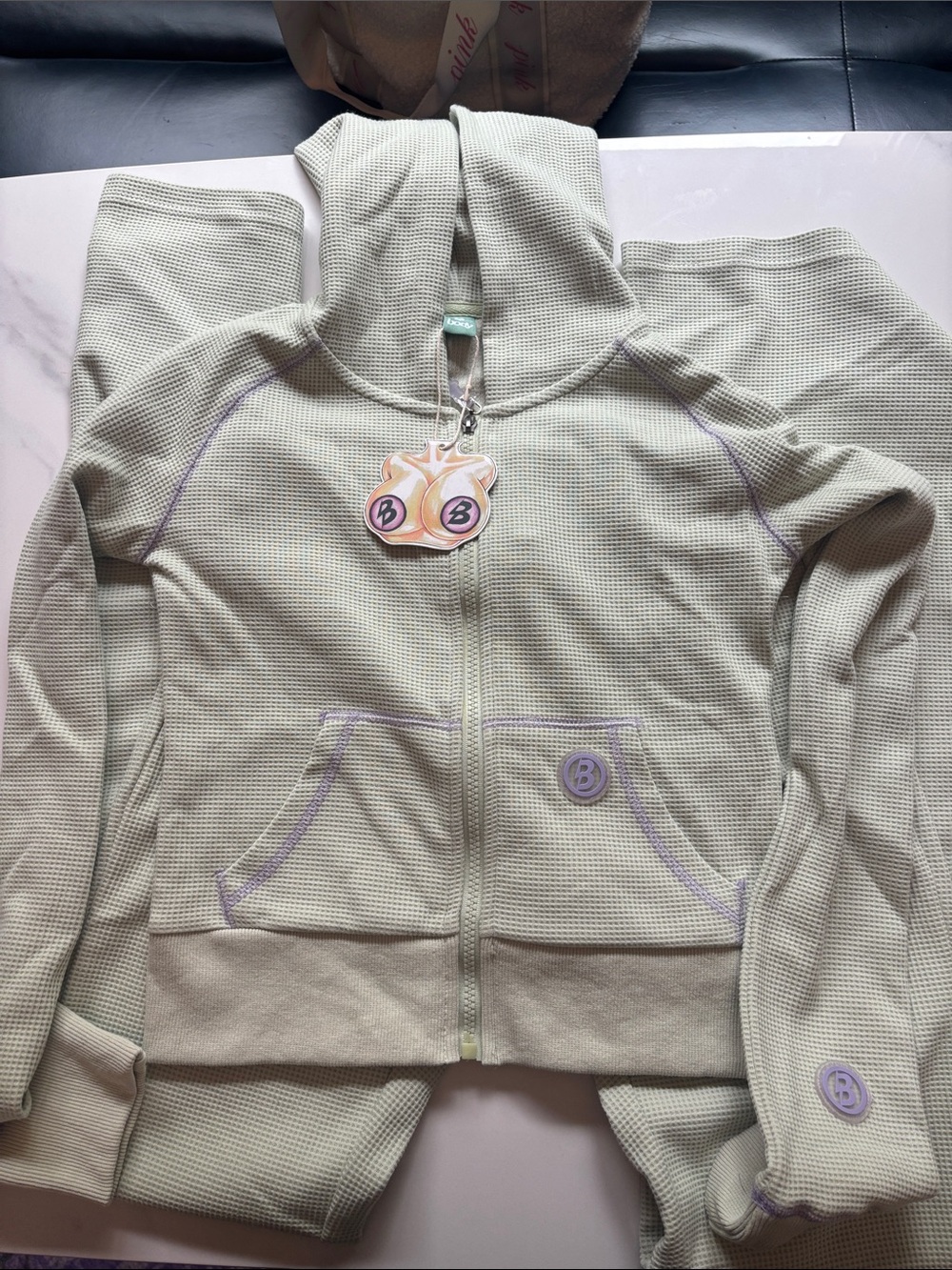 Boob Design Light mint set jacket-pans Waffle-Knit Zip Hoodie with Lavender Trim